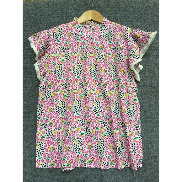 THML Tops - THML Flower Print Flutter Sleeve Top Pink Floral Polka Dot Cotton Blouse Medium